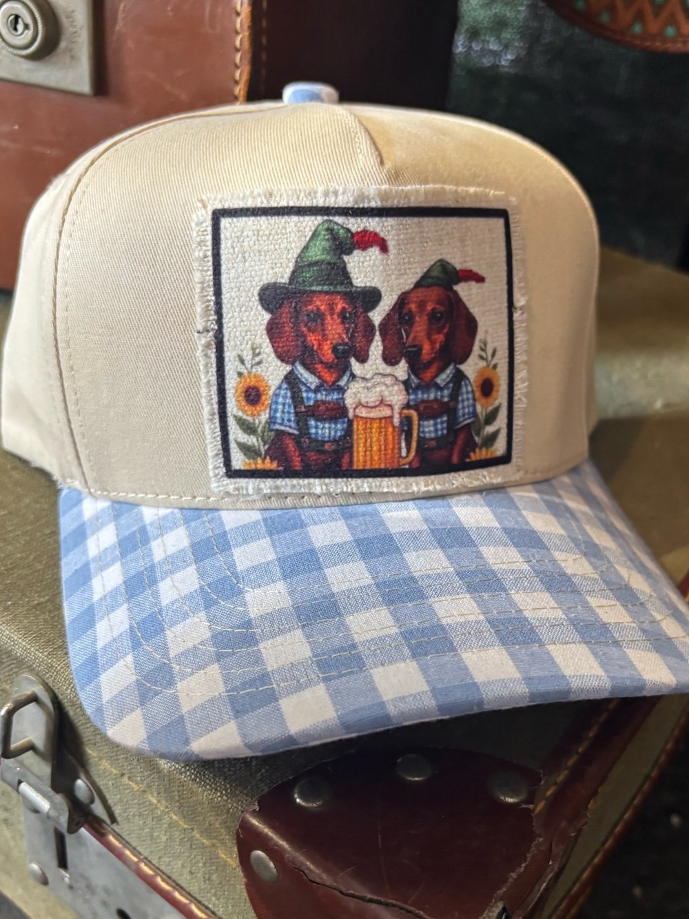 Beige and Blue Plaid Dachshund octoberfest  Patch Hat